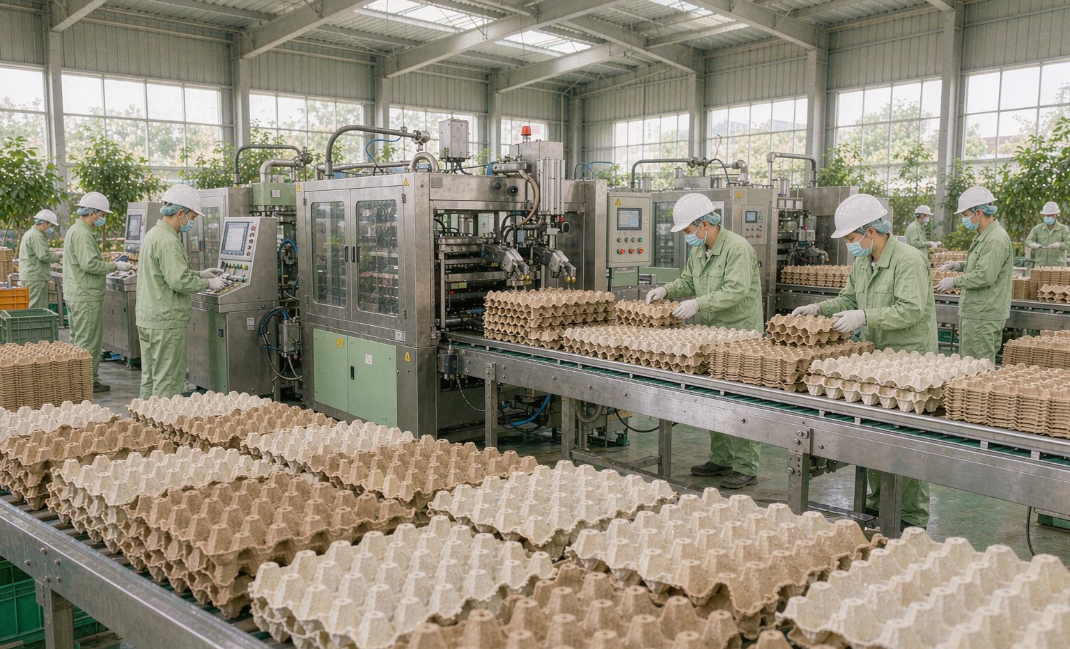 贝诺包装自动化车间：技师操作纸浆模塑生产线
